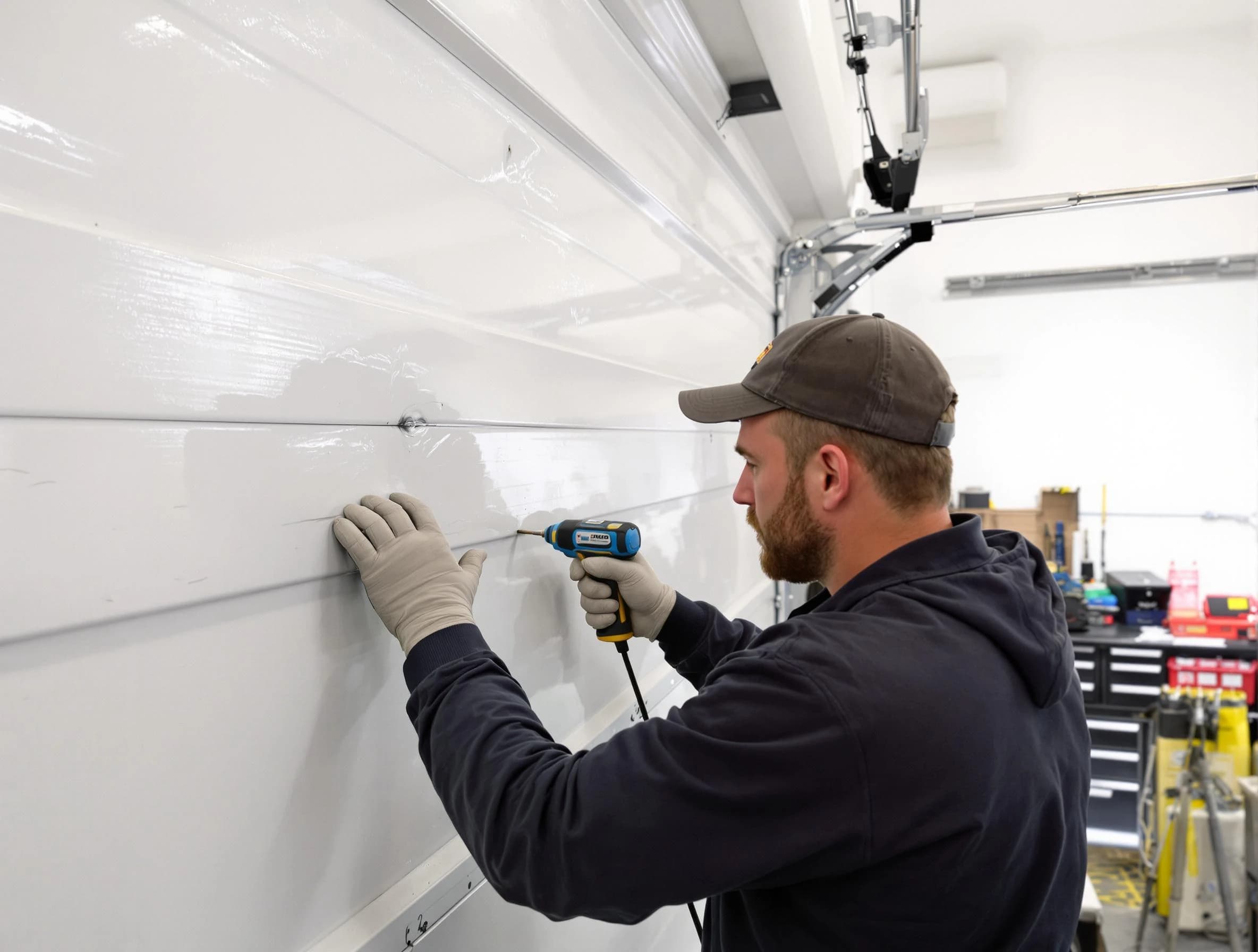 Fredericksburg Garage Door Repair technician demonstrating precision dent removal techniques on a Fredericksburg garage door