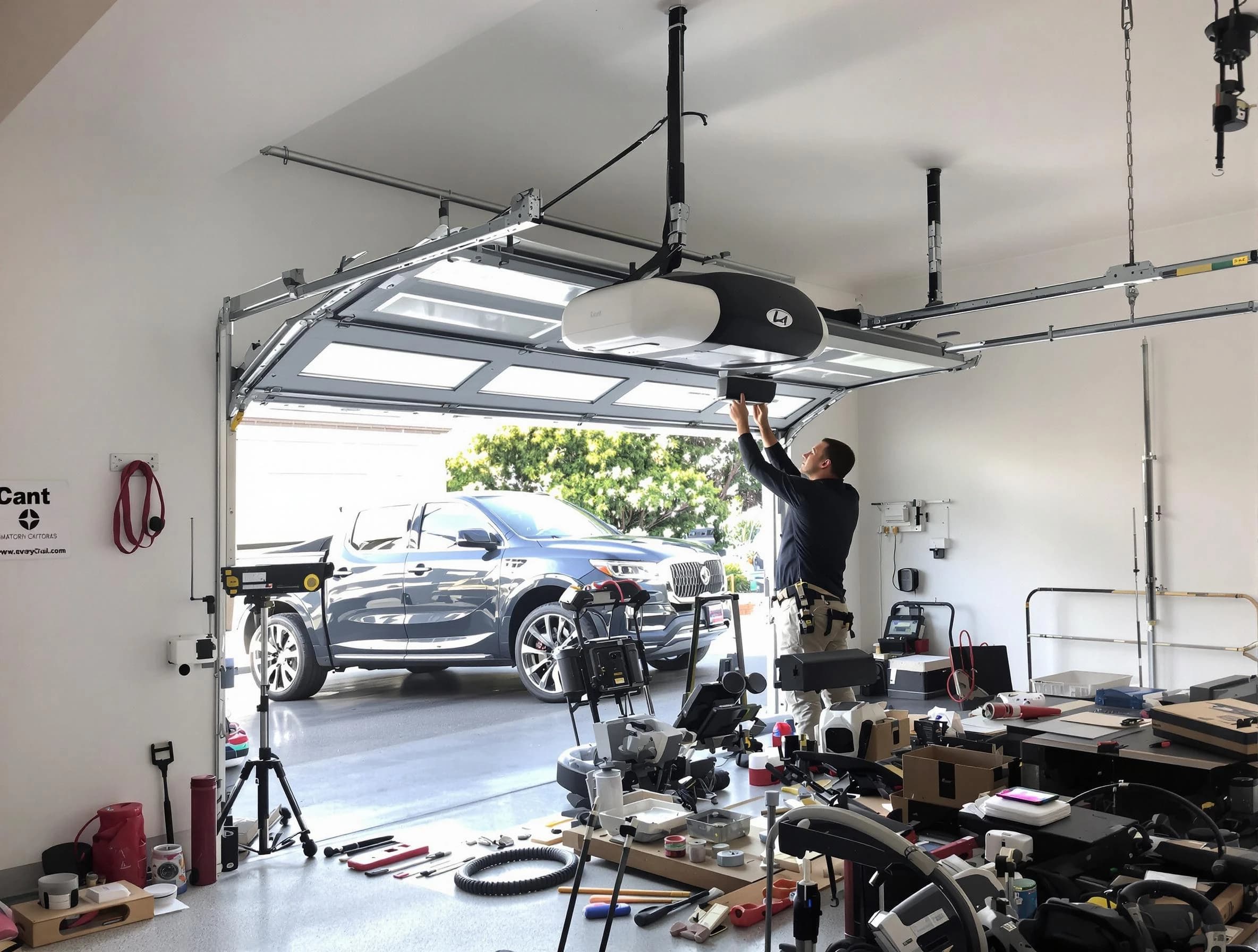 Fredericksburg Garage Door Repair specialist installing smart garage door opener system in Fredericksburg home
