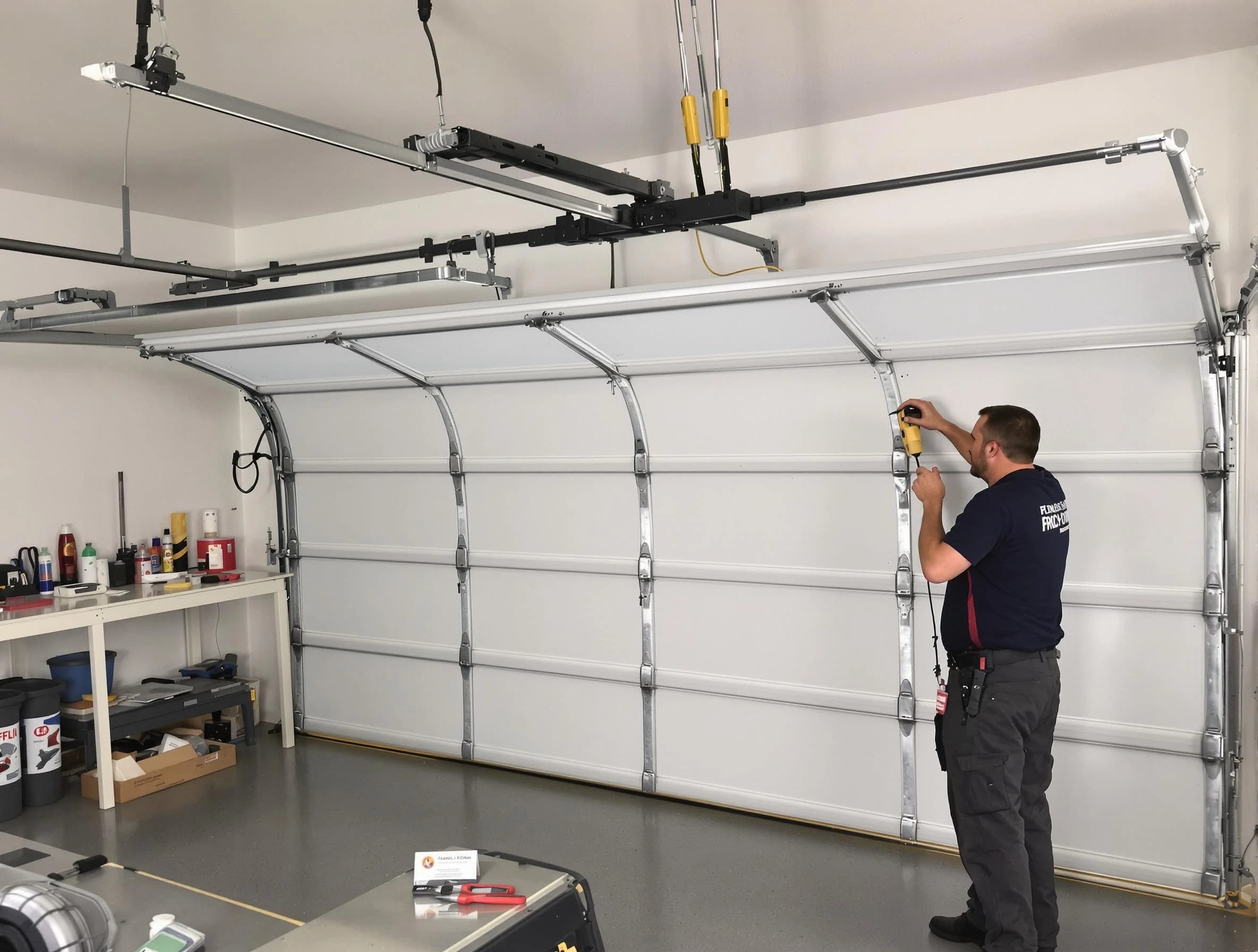 Fredericksburg Garage Door Repair certified technician performing overhead door system repair in Fredericksburg
