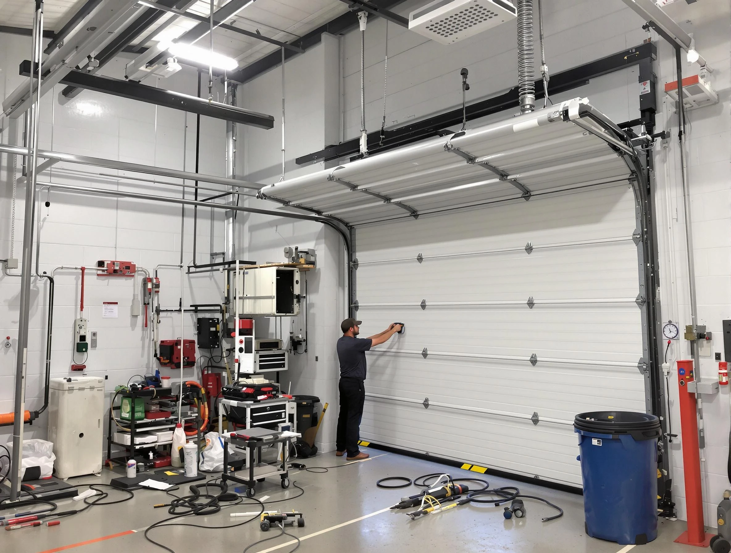 Fredericksburg Garage Door Repair certified technician performing commercial door repair at a Fredericksburg business facility