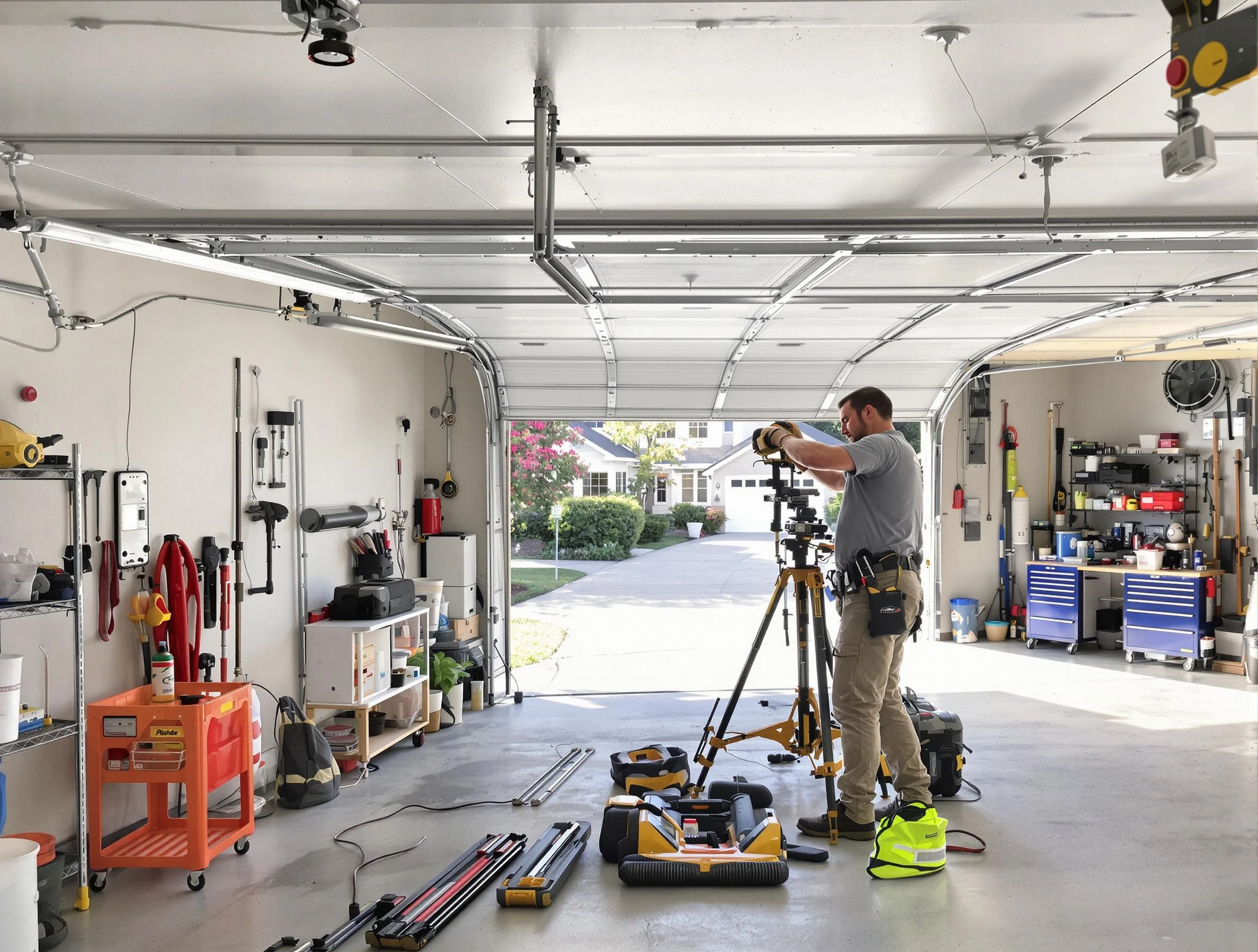 Fredericksburg Garage Door Repair specialist performing laser-guided track alignment in Fredericksburg